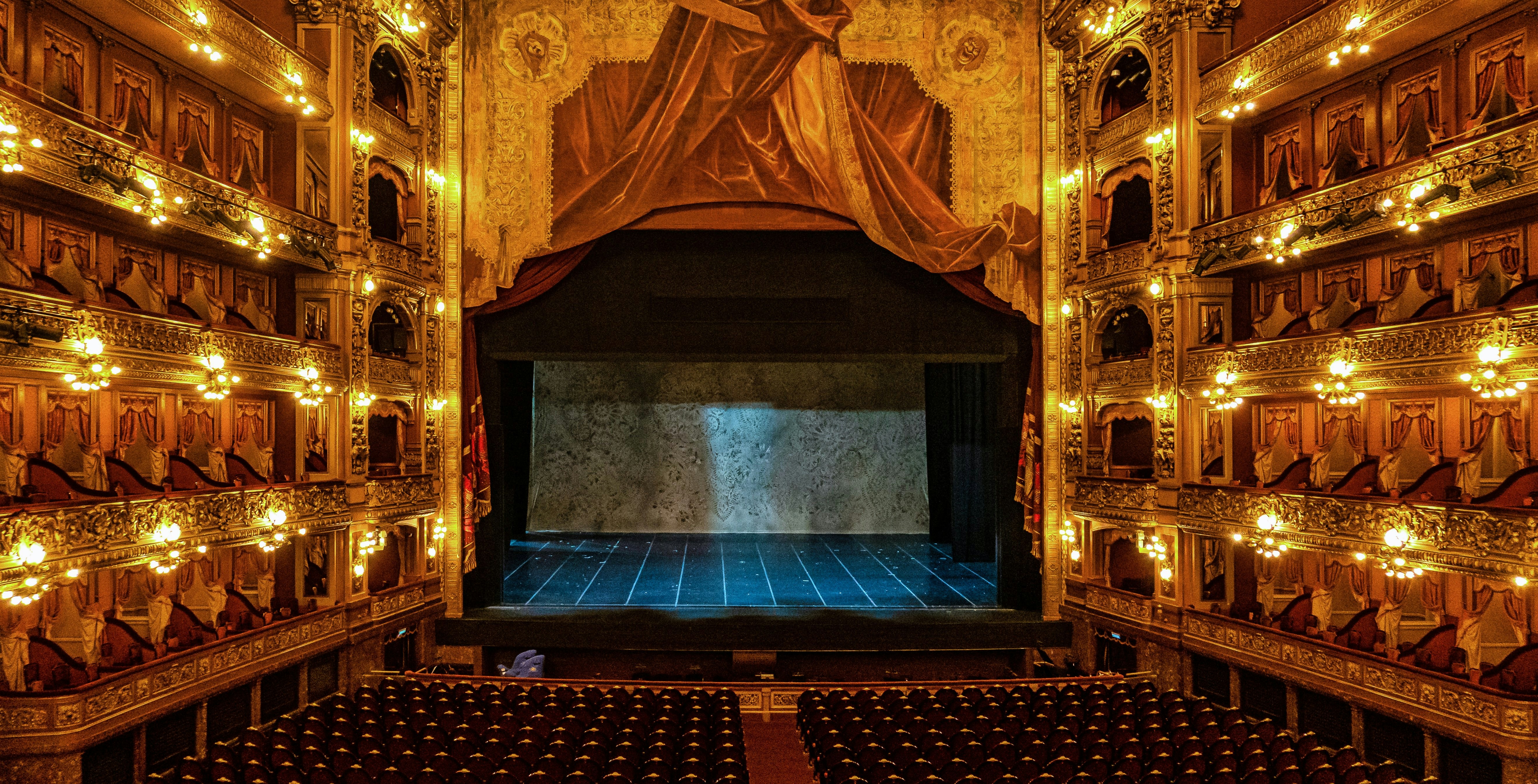 Teatro Colon interior with ornate balconies and stage, Buenos Aires, Argentina.