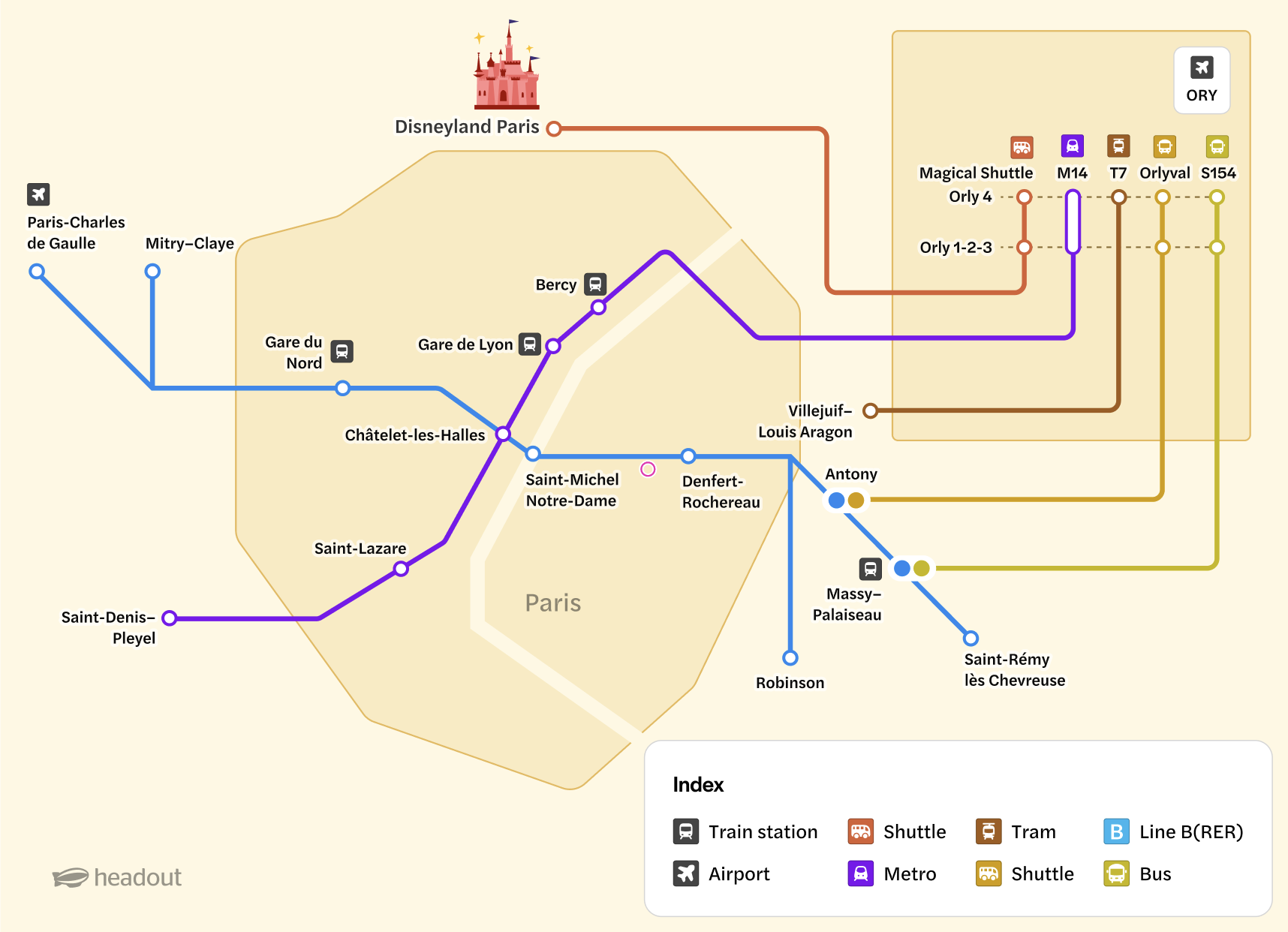 Paris airport transfer routes to Disneyland and city stations map.