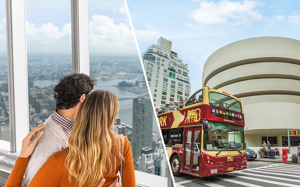 Couple at One World Observatory and Big Bus tour near Guggenheim Museum, New York City.