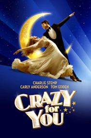 Dancers in elegant attire performing under a crescent moon for "Crazy For You" show.