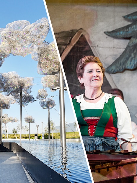 Art installation at Swarovski Crystal Worlds and traditional Tyrolean music performance in Austria.