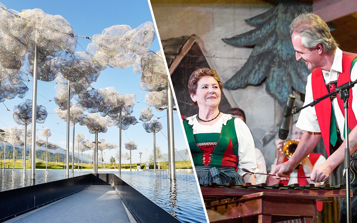 Art installation at Swarovski Crystal Worlds and traditional Tyrolean music performance in Austria.