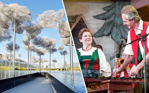 Art installation at Swarovski Crystal Worlds and traditional Tyrolean music performance in Austria.