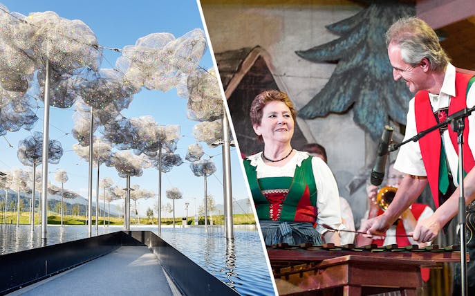 Art installation at Swarovski Crystal Worlds and traditional Tyrolean music performance in Austria.