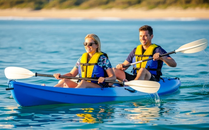 Couple kayaking on Broadwater, Gold Coast.