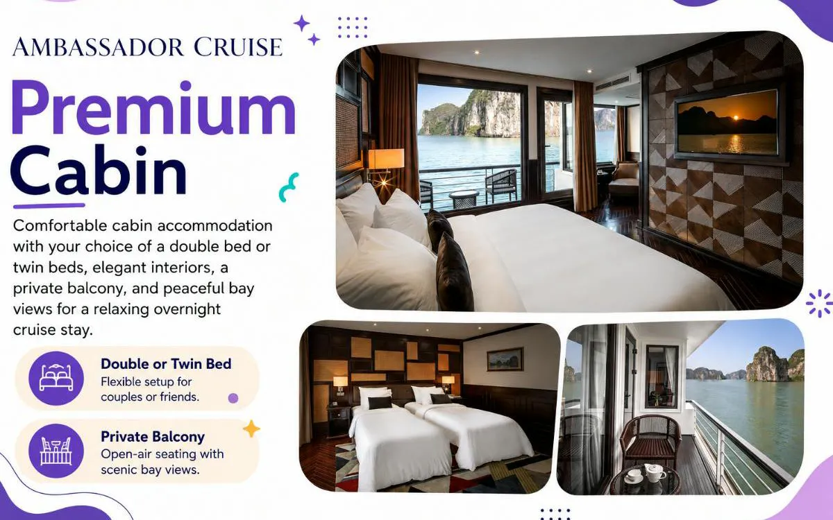 Premium cabin with double bed, private balcony, and Ha Long Bay view on 5-star cruise.