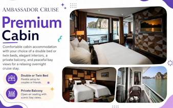 Premium cabin with double bed, private balcony, and Ha Long Bay view on 5-star cruise.