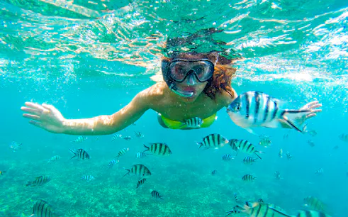 Snorkeler swimming among fish in Orange Bay, Egypt.