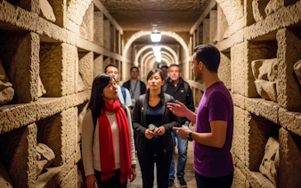 Tour group exploring Roman catacombs with a guide explaining historical details.