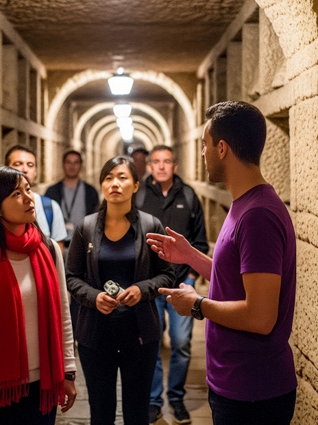Tour group exploring Roman catacombs with a guide explaining historical details.
