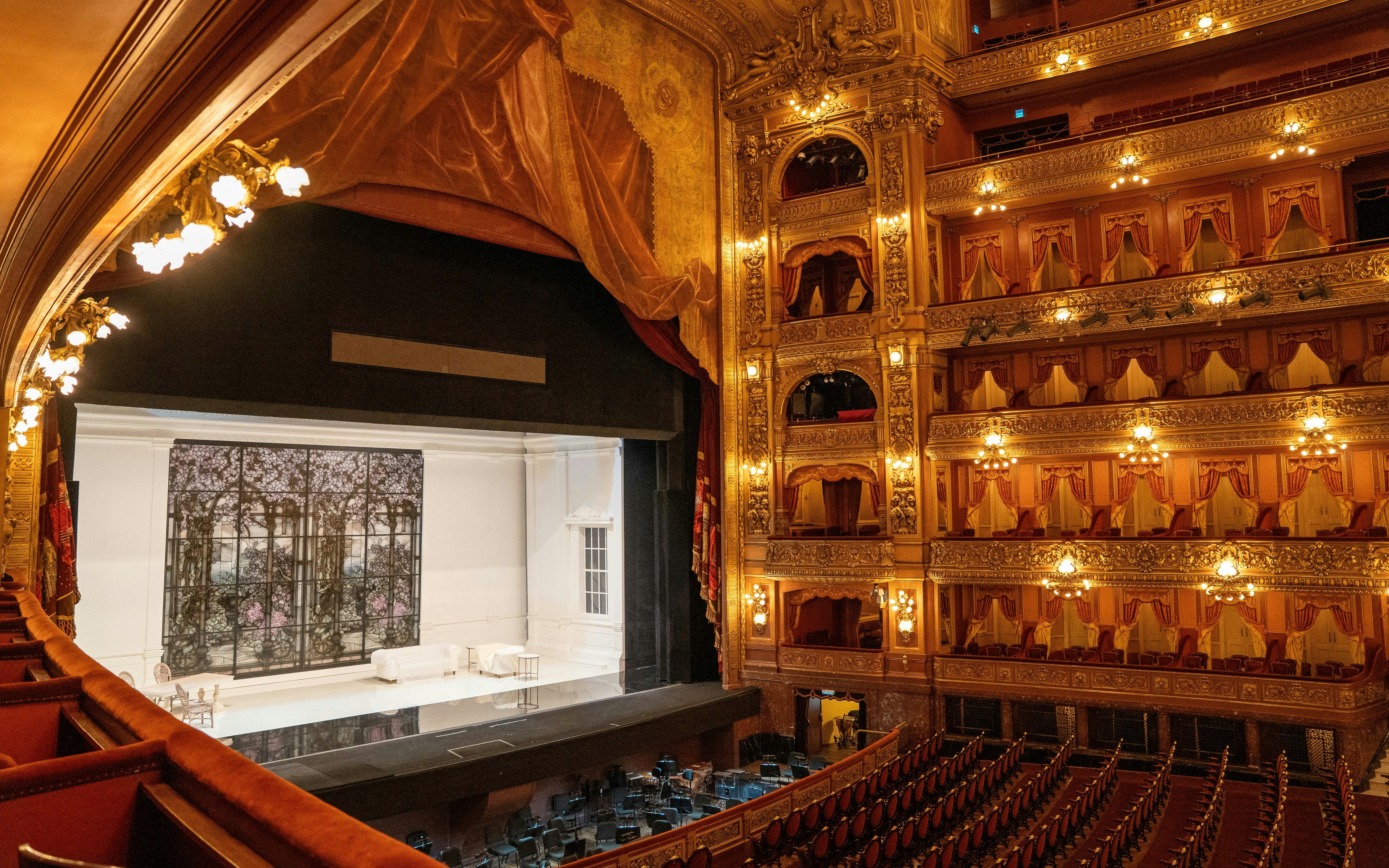 Teatro Colón interior with ornate balconies and stage in Buenos Aires.