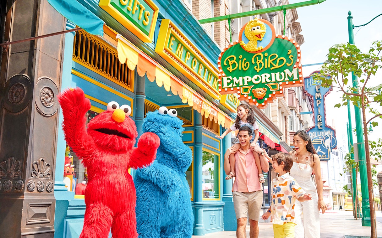 Elmo and Cookie Monster greet visitors at Big Bird's Emporium, Sesame Place, Universal Studios Singapore.