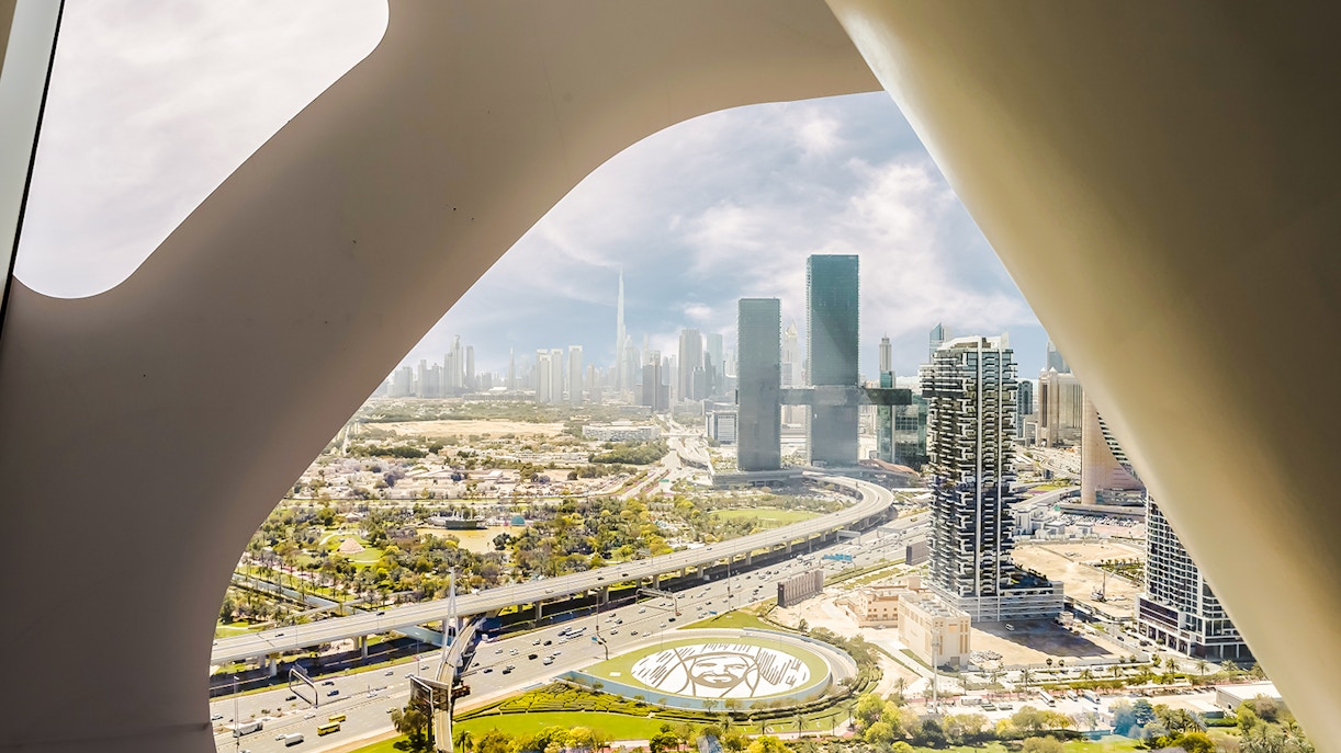 View of the city from the observation deck of the famous Dubai Golden Frame