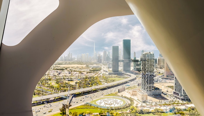 View of the city from the observation deck of the famous Dubai Golden Frame