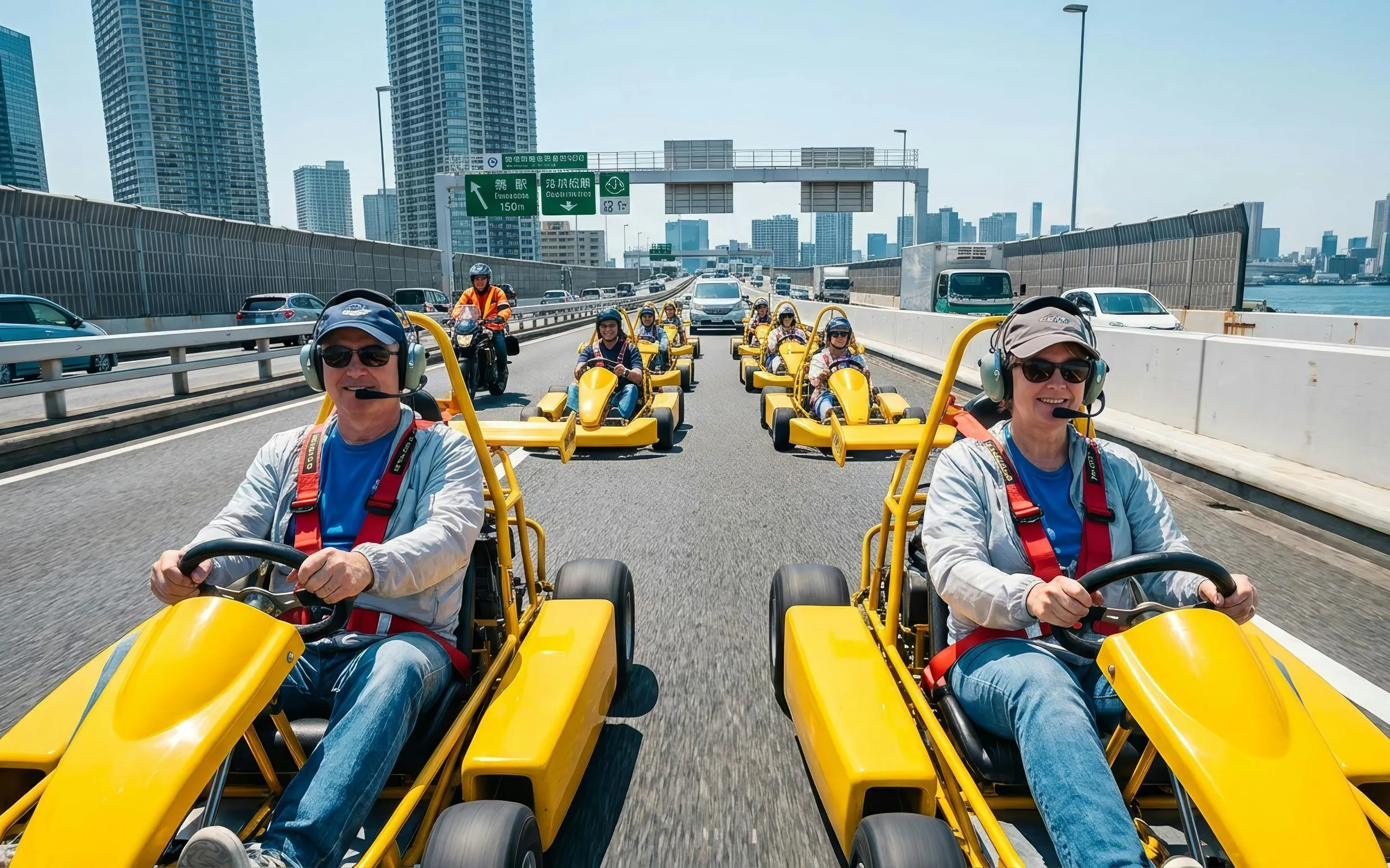Tourists go-karting across Rainbow Bridge in Tokyo.