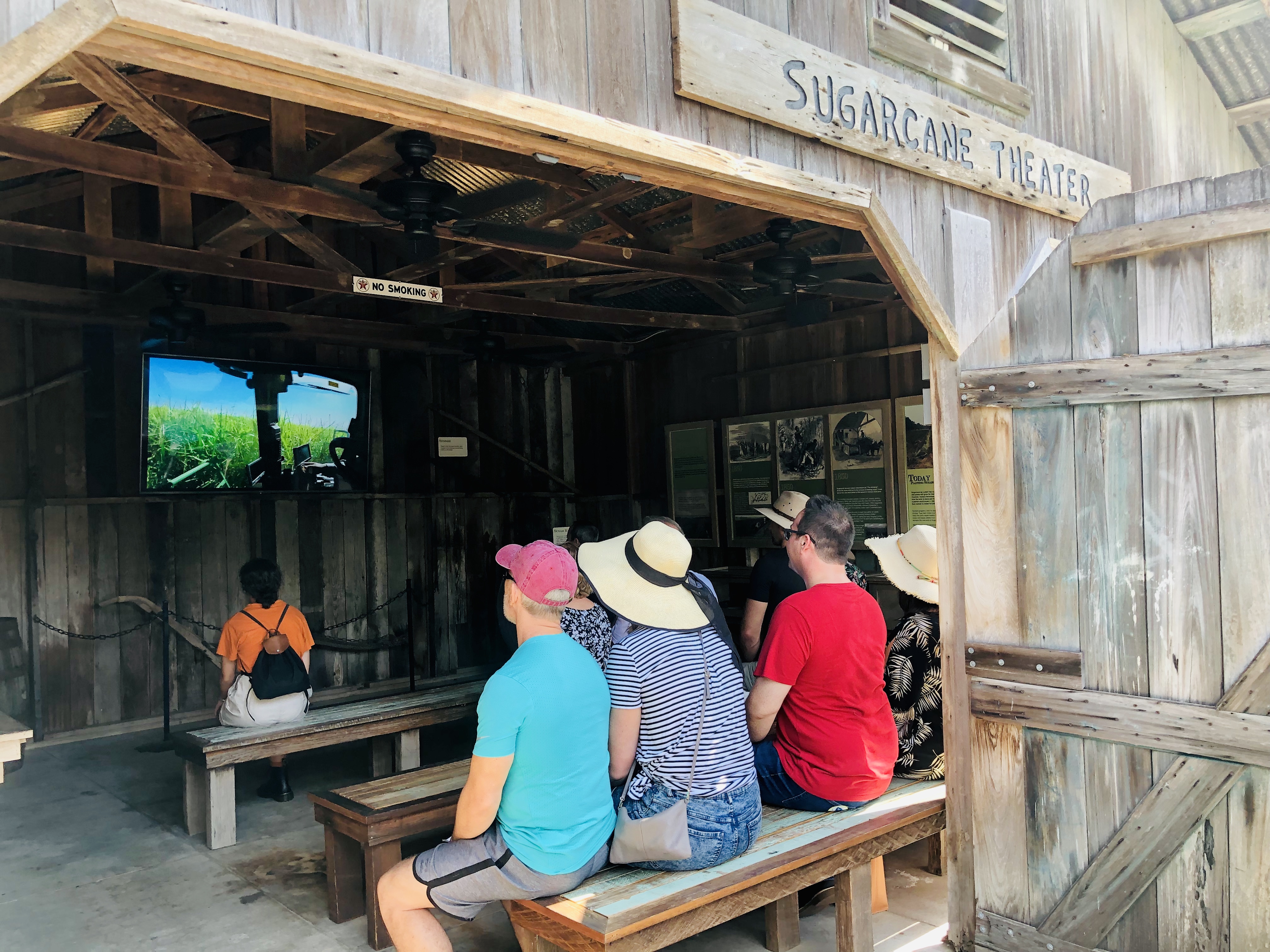 Visitors watching a video at Sugarcane Theater during Swamp Tour & Oak Alley Plantation Tour.