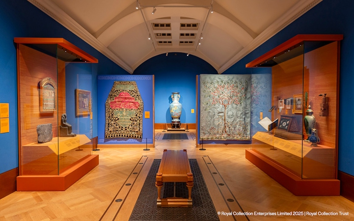 Edwardians Age of Elegance Exhibition at Kings Gallery, Buckingham Palace, featuring tapestries and artifacts.