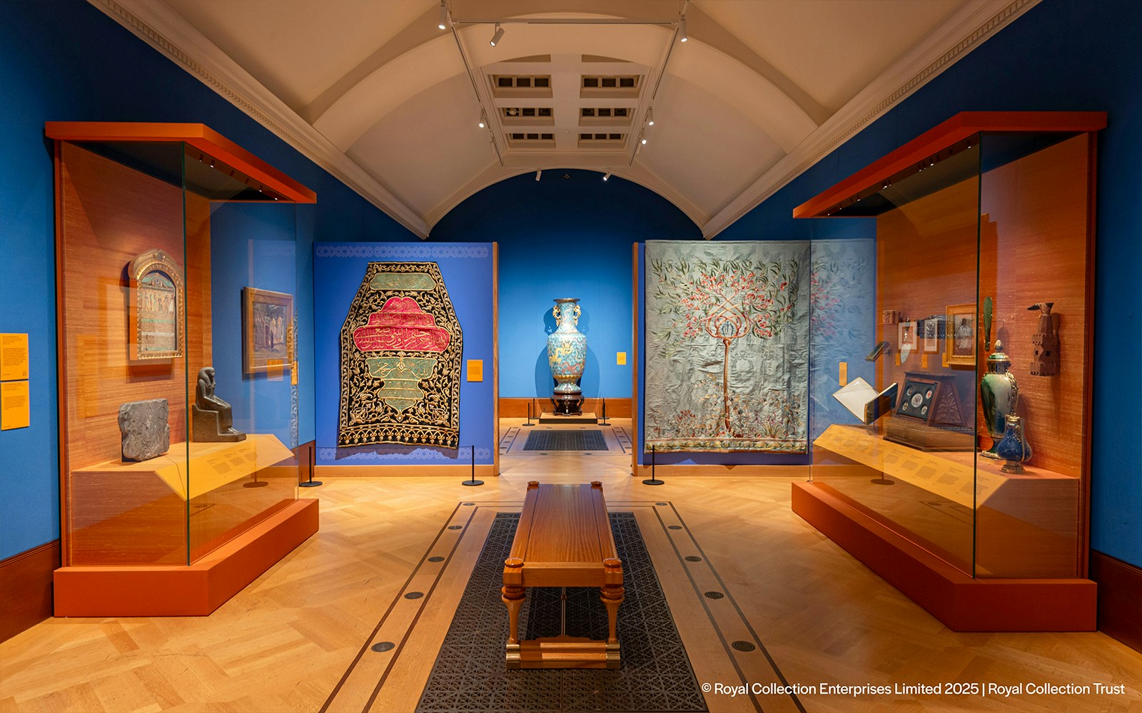 Edwardians Age of Elegance Exhibition at Kings Gallery, Buckingham Palace, featuring tapestries and artifacts.
