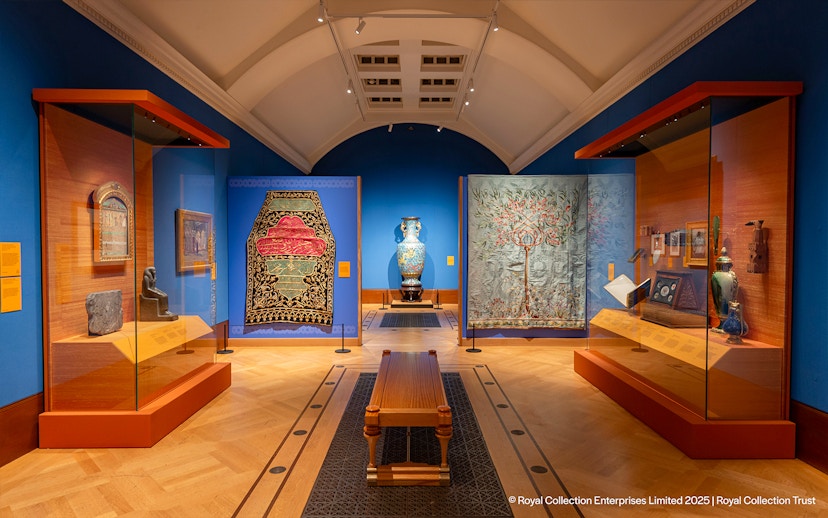Edwardians Age of Elegance Exhibition at Kings Gallery, Buckingham Palace, featuring tapestries and artifacts.