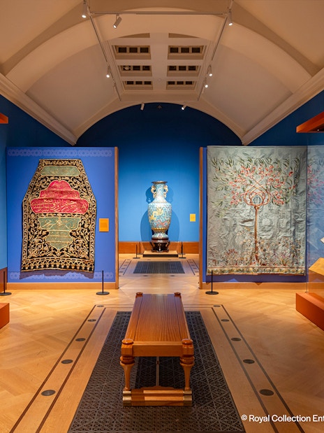 Edwardians Age of Elegance Exhibition at Kings Gallery, Buckingham Palace, featuring tapestries and artifacts.