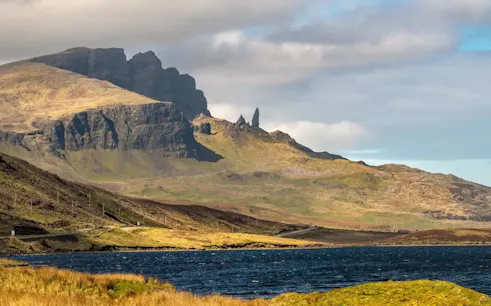 Loch Leathan with the Old Man of Storr rock formation in the background, Isle of Skye, Scotland.