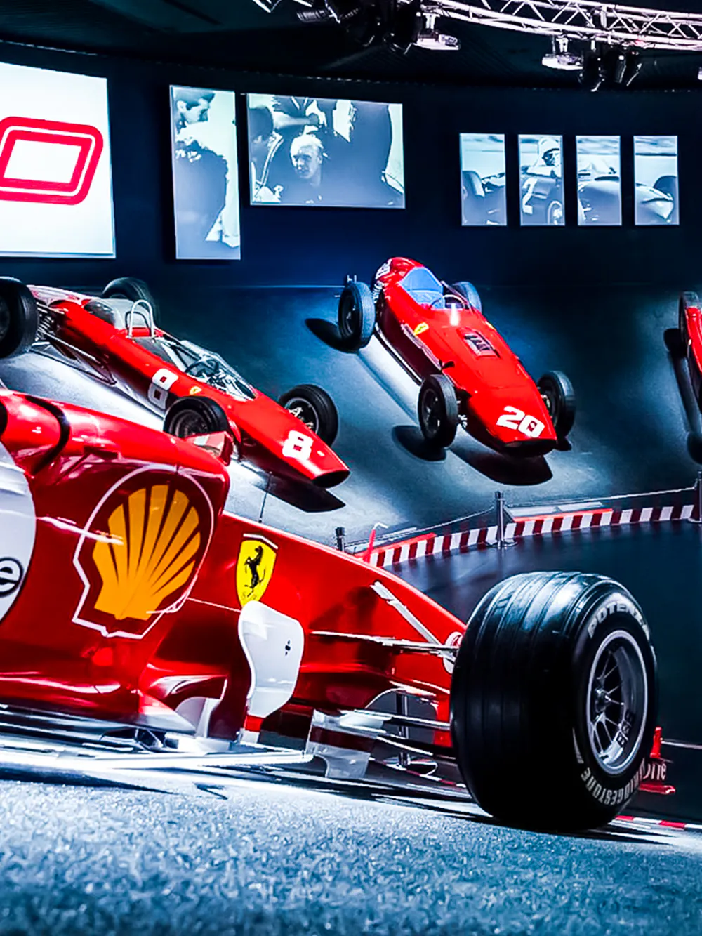Ferrari race cars displayed at the Ferrari Museum in Italy.