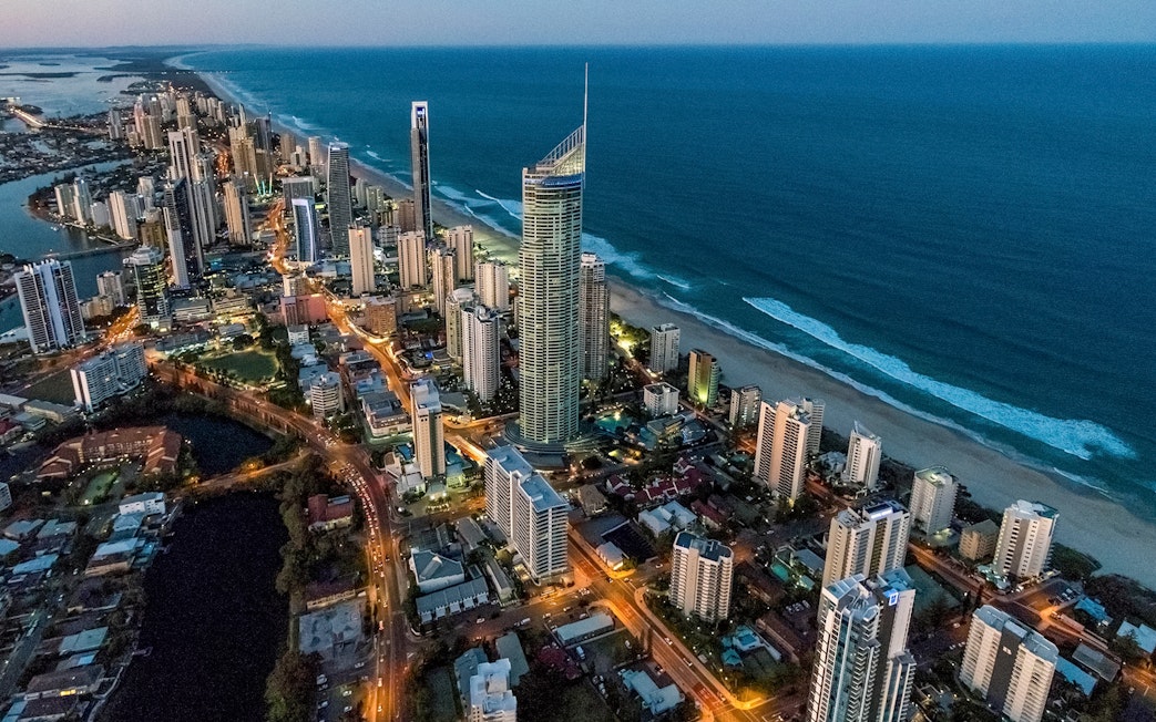 Aerial view of Gold Coast skyline with SkyPoint Observation Deck, Australia.