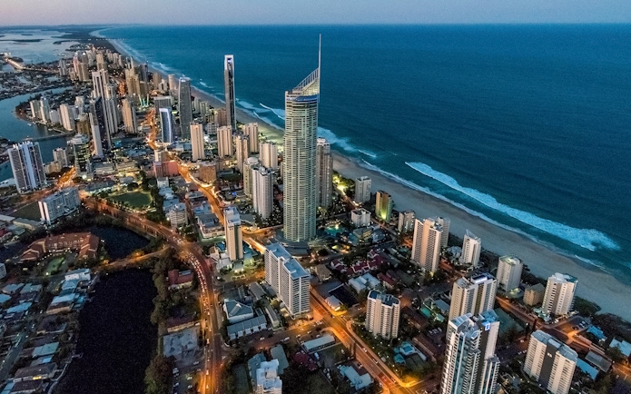 Aerial view of Gold Coast skyline with SkyPoint Observation Deck, Australia.