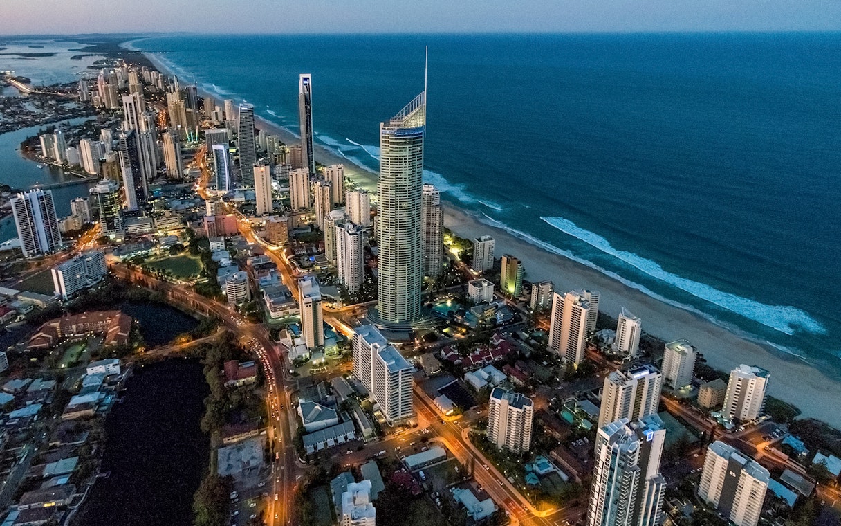 Aerial view of Gold Coast skyline with SkyPoint Observation Deck, Australia.