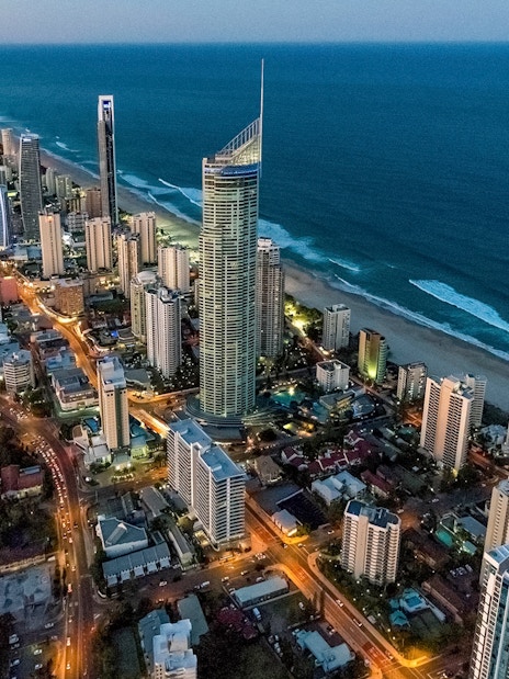 Aerial view of Gold Coast skyline with SkyPoint Observation Deck, Australia.