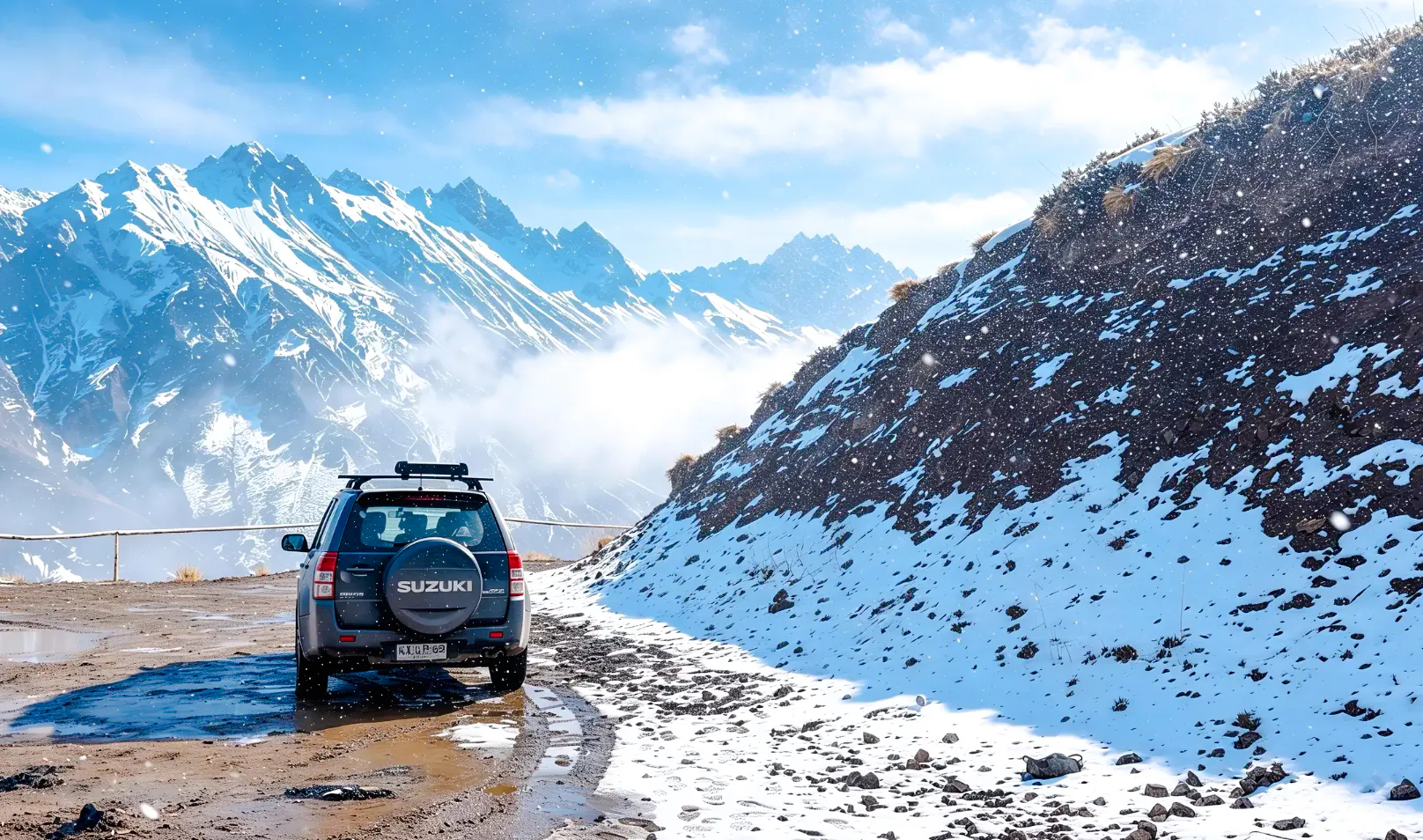 SUV driving through snowy Cajon del Maipo with Andes mountains in the background, Santiago.