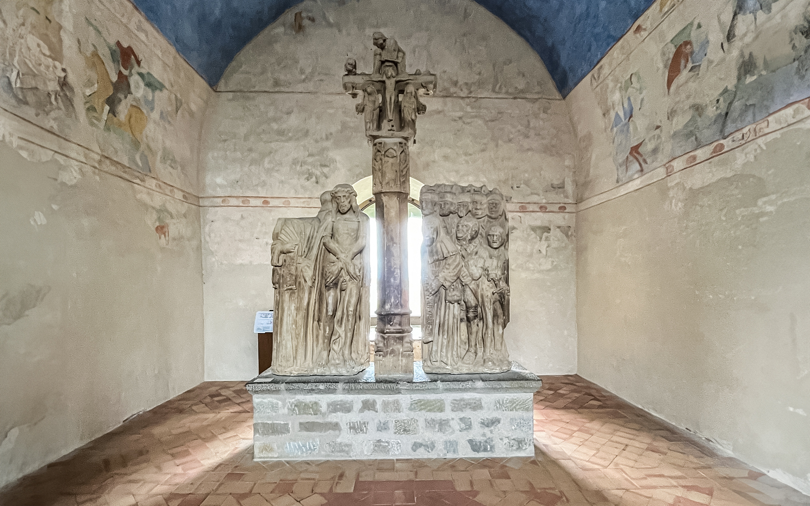 Stone sculptures inside Carcassonne Castle chapel, France.