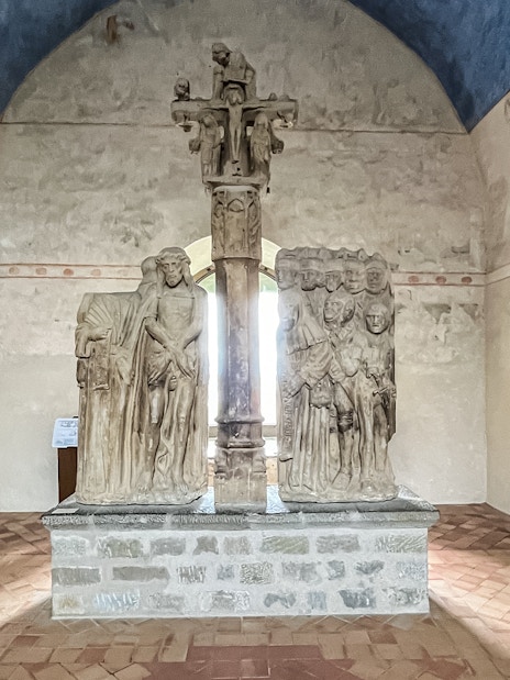 Stone sculptures inside Carcassonne Castle chapel, France.