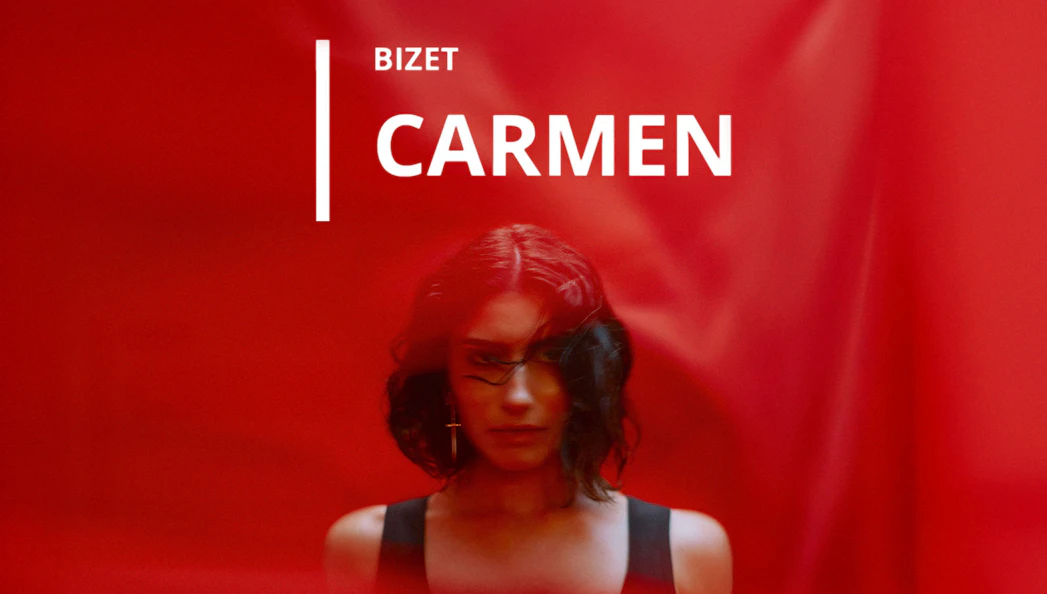 Bizet's Carmen opera poster with a woman against a red background.