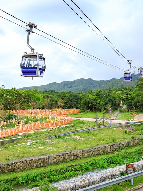 Ngong Ping Cable Car over lush landscape with mountains in the background, Hong Kong.