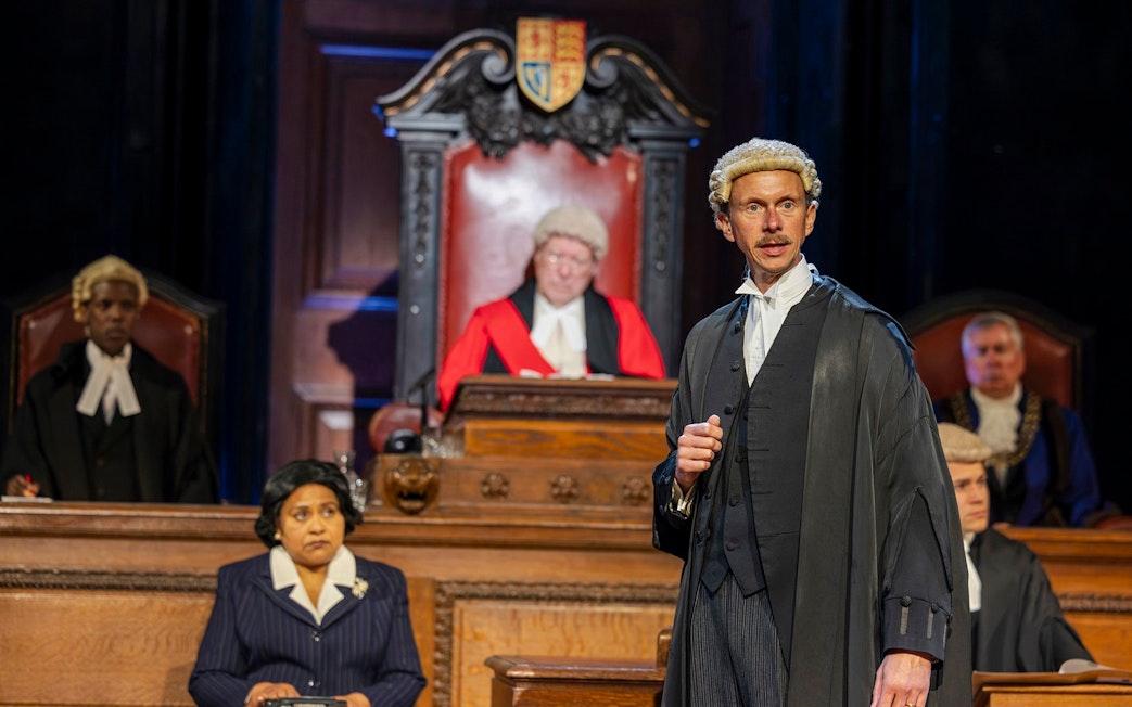 Courtroom scene from "Witness for the Prosecution" stage performance, West End.