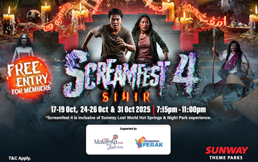 Screamfest 4 event at Sunway Lagoon Night Park with haunted theme and free entry for members.