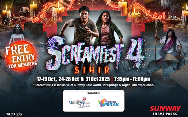 Screamfest 4 event at Sunway Lagoon Night Park with haunted theme and free entry for members.