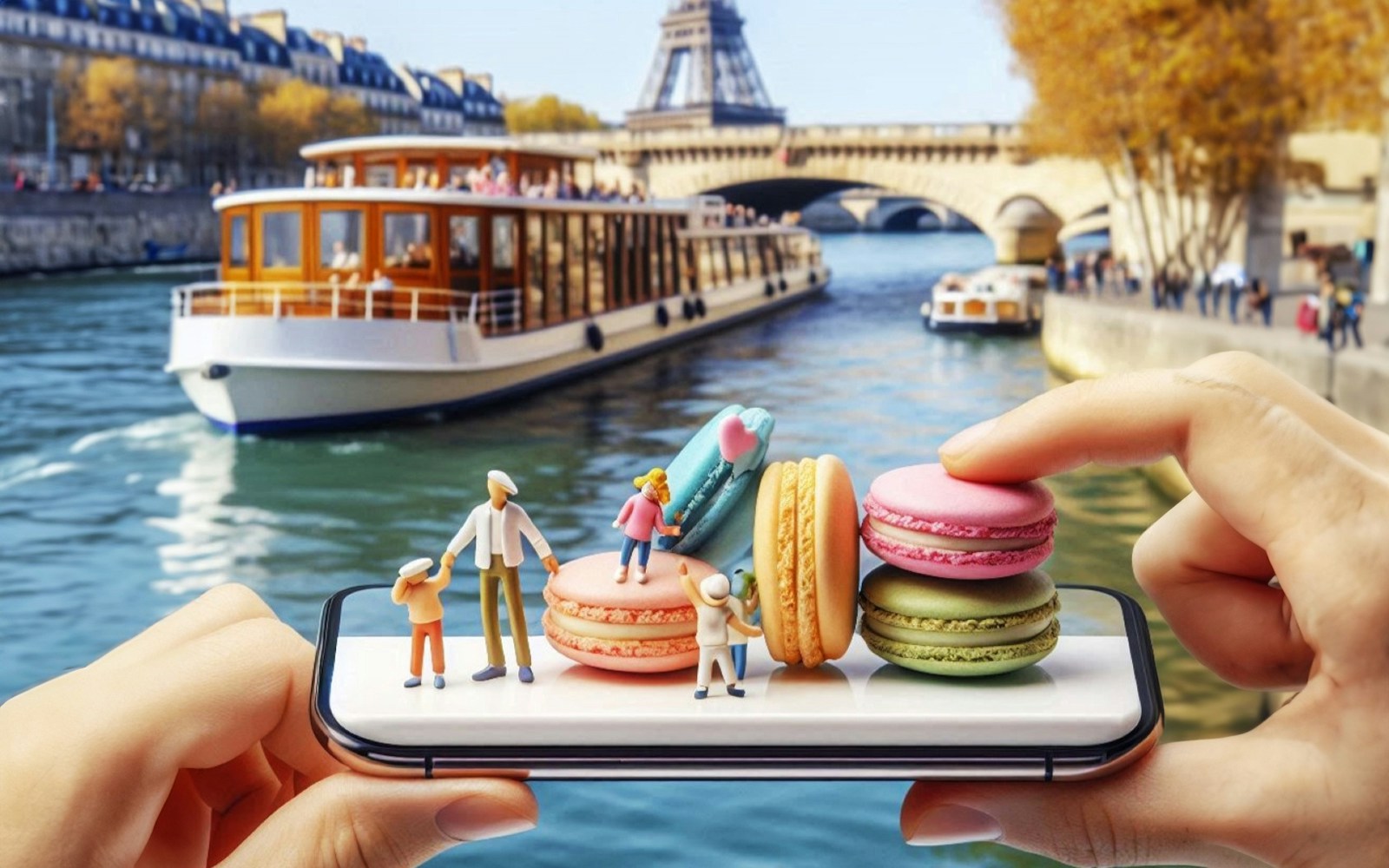 Seine River cruise boat near Eiffel Tower, Paris, with passengers enjoying macaron tasting.