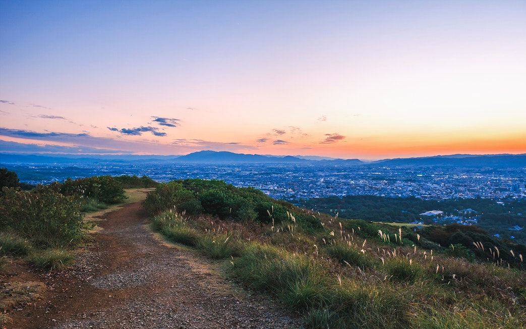 Sunset view from Mt Wakakusa overlooking Nara city on a day trip.