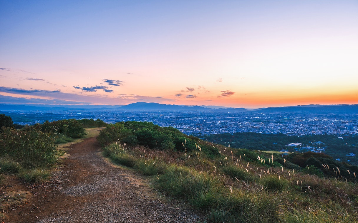 Sunset view from Mt Wakakusa overlooking Nara city on a day trip.