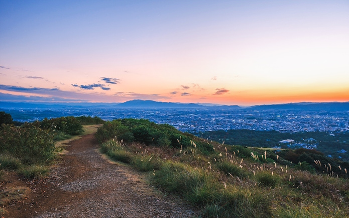 Sunset view from Mt Wakakusa overlooking Nara city on a day trip.