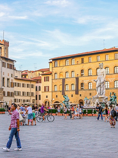 Piazza della Signoria with Neptune Fountain and equestrian statue, Florence, Italy.