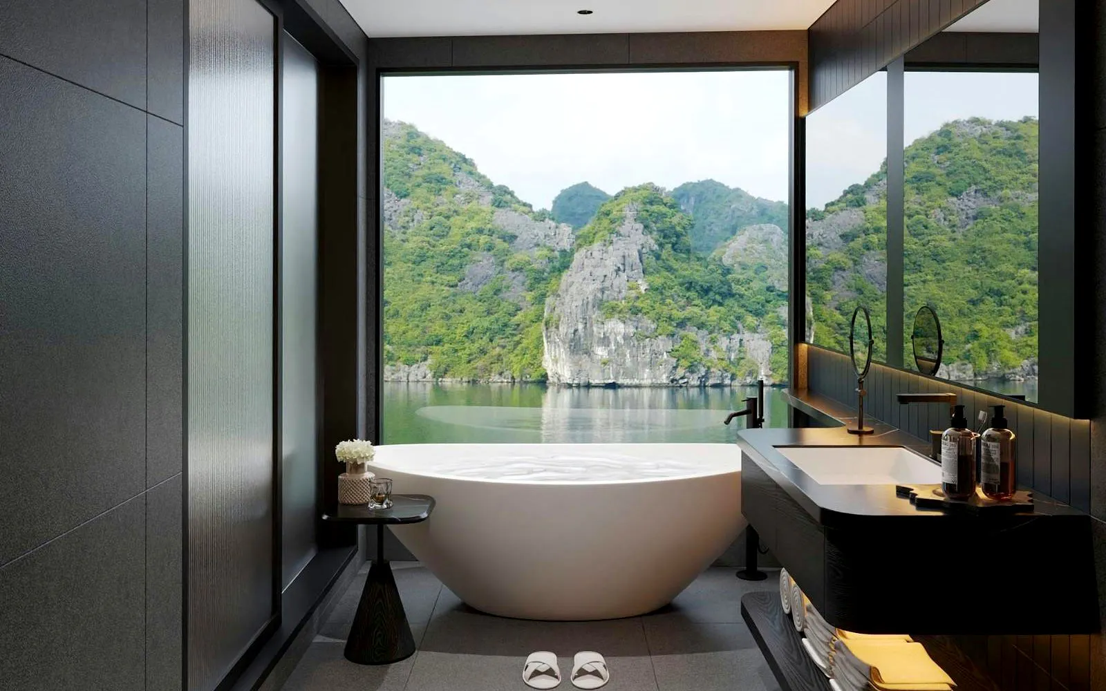 Junior Ocean Suite bathroom with Ha Long Bay view on 6-star luxury cruise.