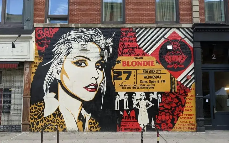 Mural of Blondie on Lower East Side building, New York, part of Mafia Mystery city exploration game.