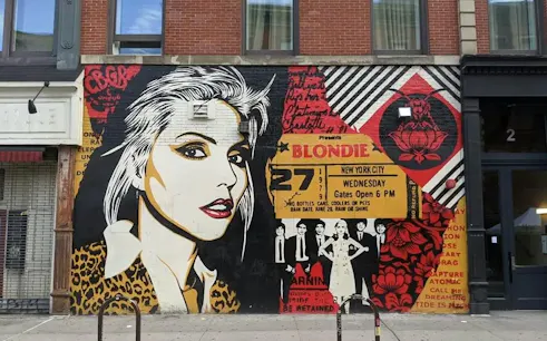 Mural of Blondie on Lower East Side building, New York, part of Mafia Mystery city exploration game.