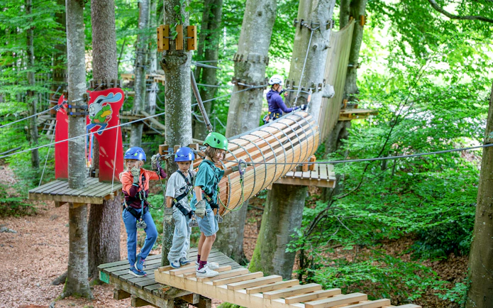 Children crossing a rope bridge at Ropes Park Interlaken.