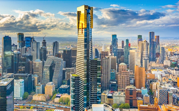 Melbourne cityscape view from Skydeck, featuring skyscrapers and urban landscape.