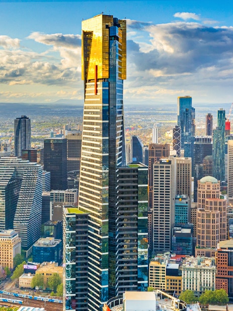 Melbourne cityscape view from Skydeck, featuring skyscrapers and urban landscape.