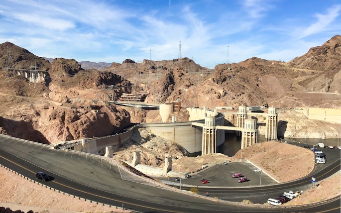 Hoover Dam with surrounding desert landscape in Boulder City, Nevada.